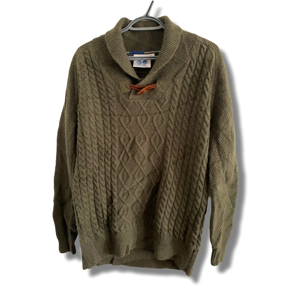 National Geographic Cable Knit Wool Alpalca Shawl Sweater Green Size Medium